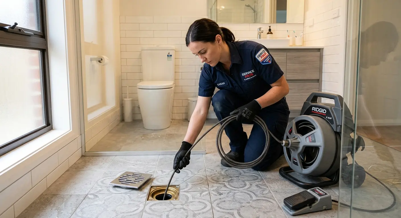 Technician clearing a bathroom floor drain for Sewer Line Installation in Park Forest